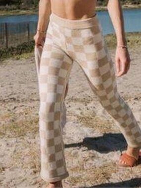 Belle the Label High-Waist Checker Knit Flare Pants - Cream & Tan